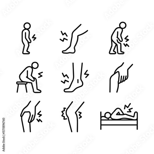 Leg pain icon set with muscle cramp illustrations. Outline symbols. Line design