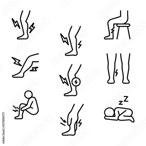 Leg injury icons with muscle spasm and pain symbols. Outline symbols. Line design