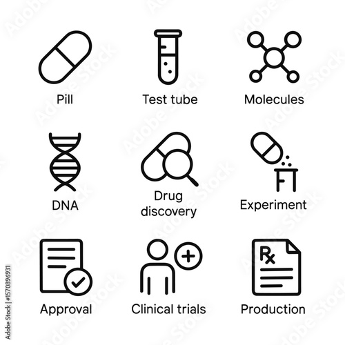 Medical research and pharmaceutical development icon collection. Outline symbols. Line design