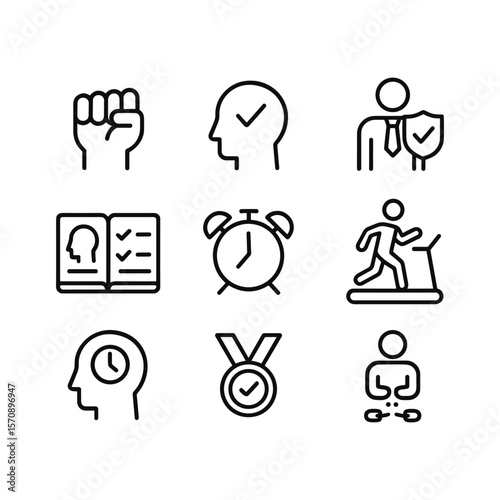 Personal discipline and motivation vector icons. Outline symbols. Line design