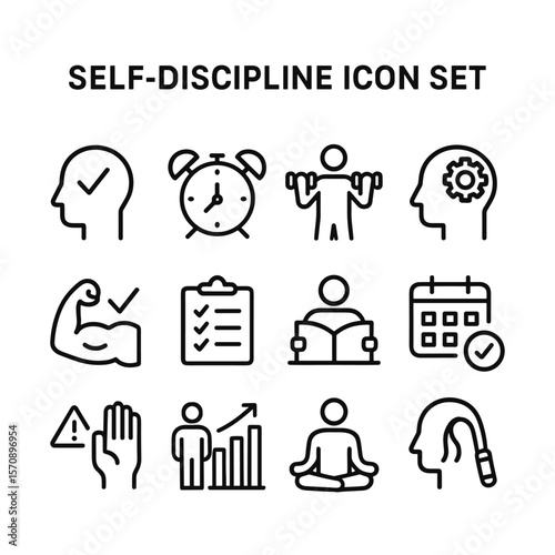 Self discipline and personal development icon set. Outline symbols. Line design