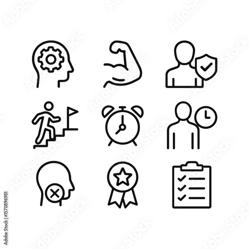Personal growth and discipline icon collection. Outline symbols. Line design