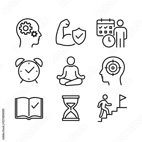 Goal achievement and self discipline vector icons. Outline symbols. Line design