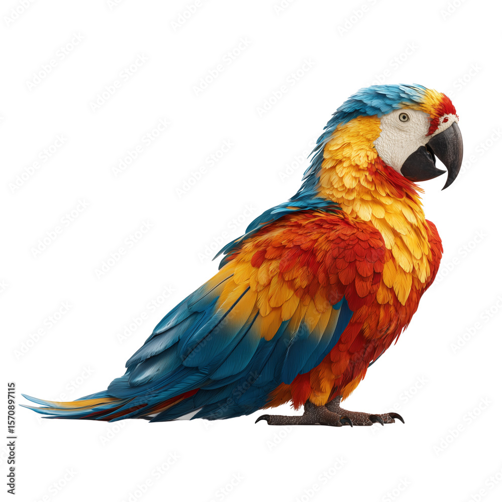 Fototapeta premium Royal macaw with bright feathers, delicate dewdrops on a transparent background