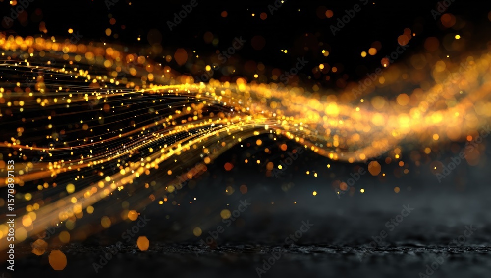 Fototapeta premium Abstract golden light streaks and bokeh effects in a dark environment