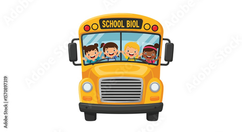 Cartoon school bus with happy kids vector illustration for back to school and transportation design 100