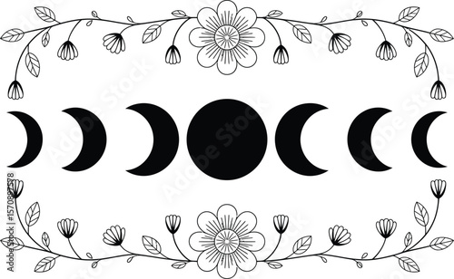 Black and White Moon Phases with Floral Border phases of the moon