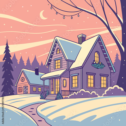 winter landscape with houses and trees