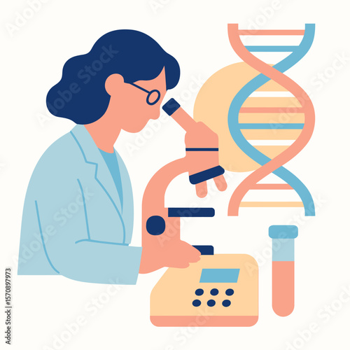 Female Scientist Researching Dna Under Microscope