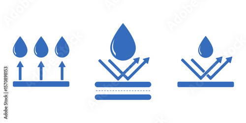 Vector waterproof and anti-corrosion icon pack. Water drop with arrows and protection layers. Weatherproof and resistant design elements for materials, fabrics, coating or tech specs.