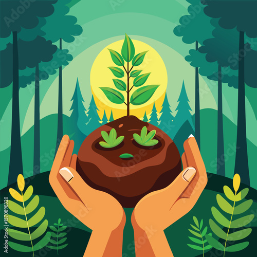 Hands nurturing a vibrant green tree, a beautiful illustration of nature's summer design