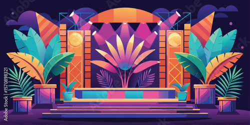 Vibrant tropical stage with colorful lights plants