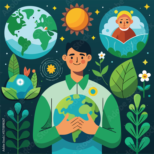 Children globally unite, hands holding the Earth, to save our planet and foster international peace