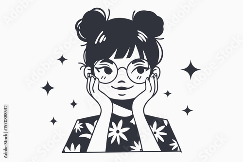 Asian girl with floral top and glasses rests her face against hands surrounded by stars