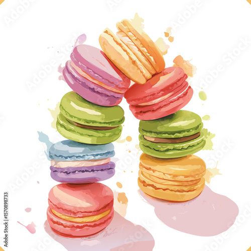 Watercolor vector illustration of stacked macarons with cream filling and crumbs on white background.
Vector illustration of delicious dessert on white background
