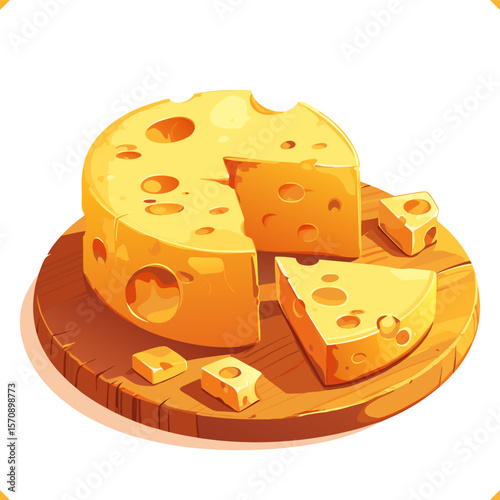 Bright yellow cheese wedge with holes and crumbs, digital vector illustration on white background