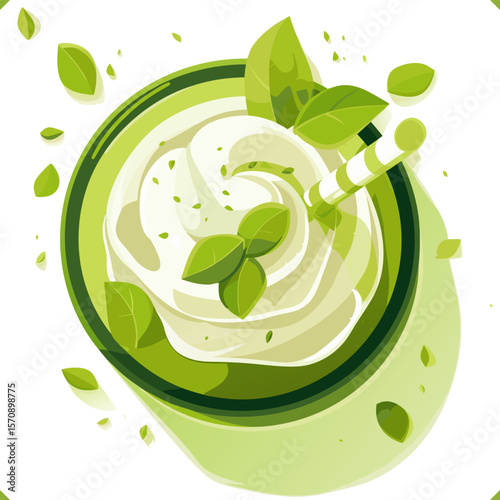 Watercolor vector illustration of green pistachio milkshake with ice cream, mint leaves, and straw, top view on white background. Vector illustration of summer beverage on white background