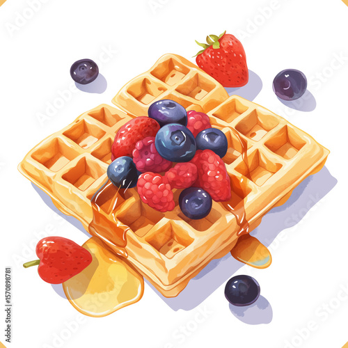 Watercolor vector illustration of waffle with syrup dripping and berries, delicious breakfast food on white background. Vector illustration of dessert on white background