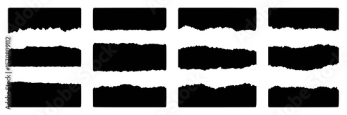 Set of black torn paper edge shapes on white background for design