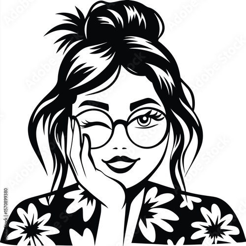 Black haired girl in floral blouse winks while resting her chin on her hand