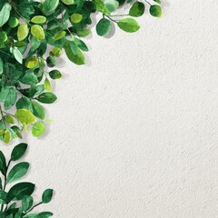 Watercolor-style green leaves corner border on an off-white textured background, leaving ample space