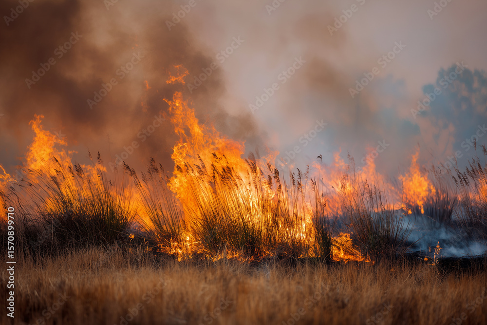 Fototapeta premium A field of dry grass is on fire, with flames reaching high into the sky