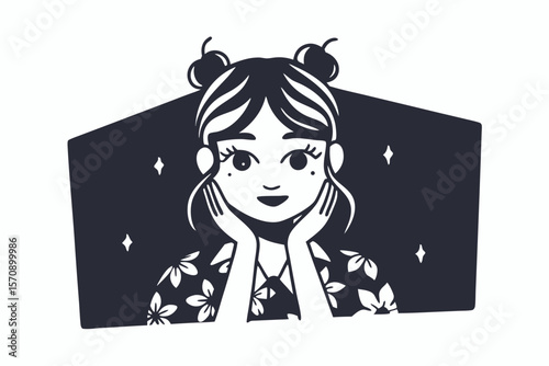 Monochrome girl rests her cheeks with floral shirt under starry background in cutout