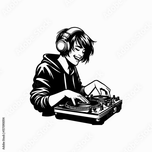 Female DJ Logo Vector with One Headphone and Turntable Isolated on White


