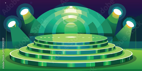 Bright green lit stage with tiered circular platform