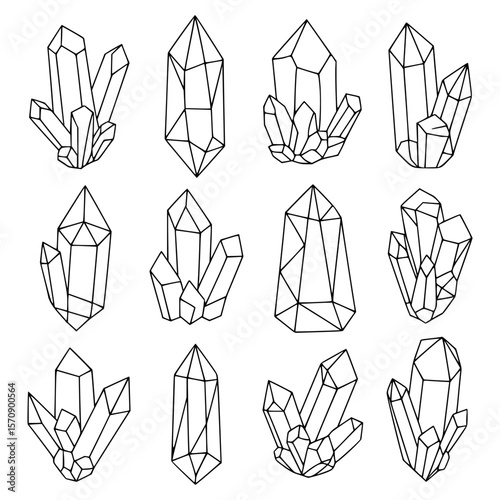 Vector illustration of hand drawn geometric crystals and gemstones in line art