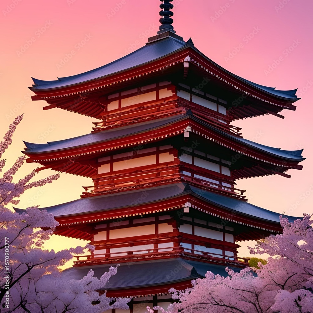 Fototapeta premium A vibrant pagoda with cherry blossoms against a colorful sunset sky in a serene landscape view