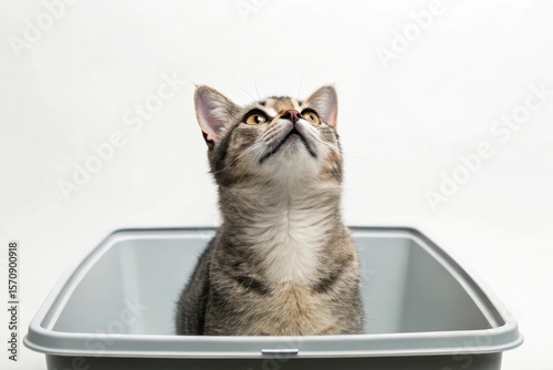 Cat Looking Up from Inside Tray with Plain Background in Focused and Quiet Scene
