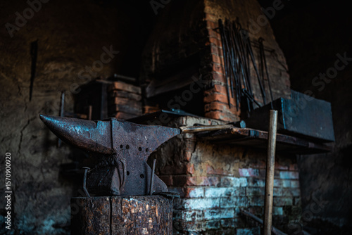 Anvil and furnace in an old blacksmith's shop