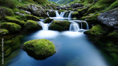 Serene Landscapes, Abstract Water, Calm Photography, Reflective Surfaces. Tranquil Waterfall: Serene Nature Landscape with Soft Cascading Water in a Peaceful Setting