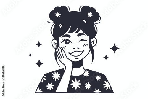 Cheerful young woman winks while touching her face in a starpatterned shirt