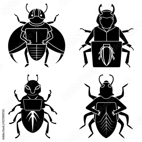 Illustration of four stylized black beetles in different poses and designs on a white background