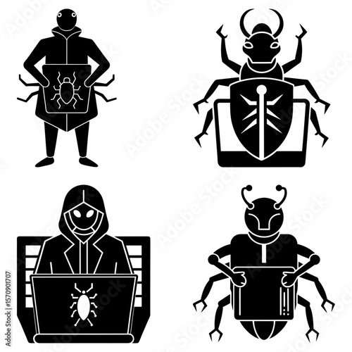 Four black and white icons depicting hackers and bugs related to computer security and vulnerabilities