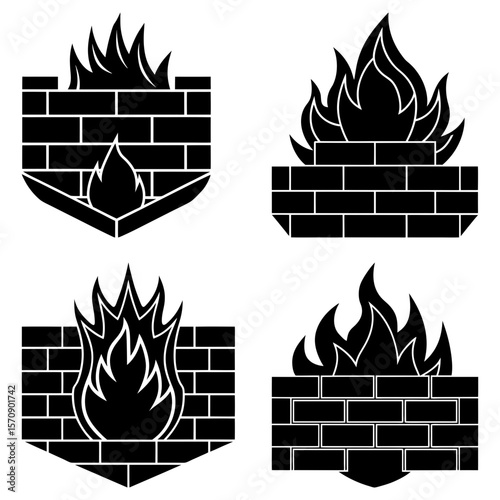 Four black and white illustrations of brick fireplaces with flames in a simple graphic style design