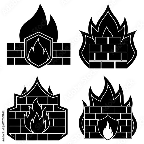 Four firewall icons with flames and brick walls representing network security and protection measures for data