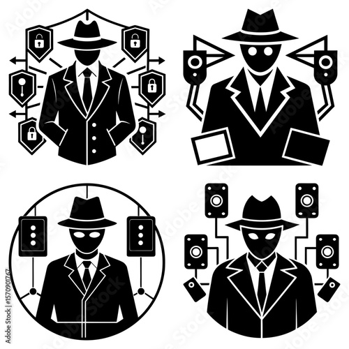 Illustration of four hacker spy figures wearing hats and suits with security and technology elements around them