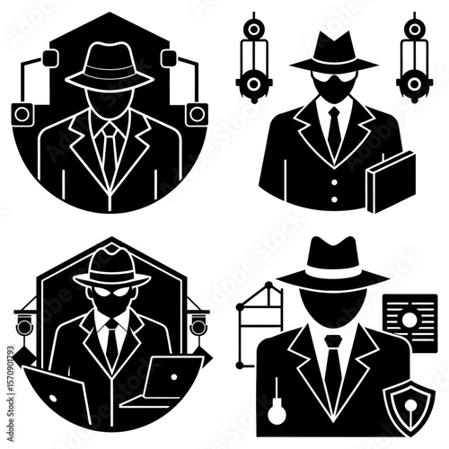Four black and white icons displaying figures in suits and hats with security elements around them
