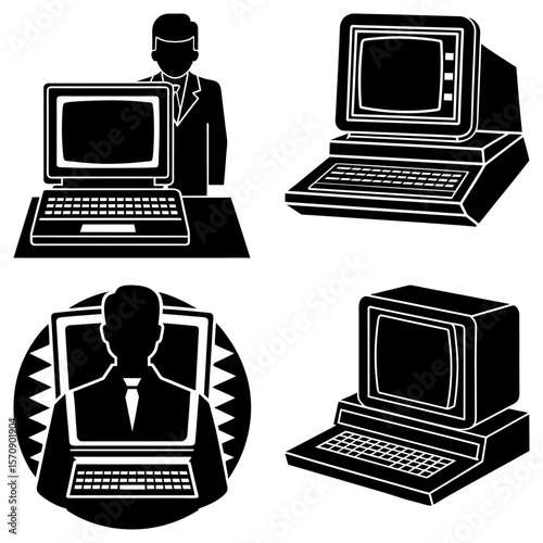 Four black and white illustrations of computers and people using computers in a graphic design layout