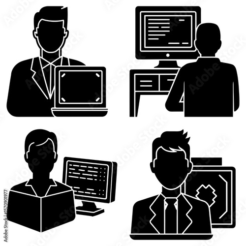 Illustration of four black silhouette icons showing people working on computers and reading books online