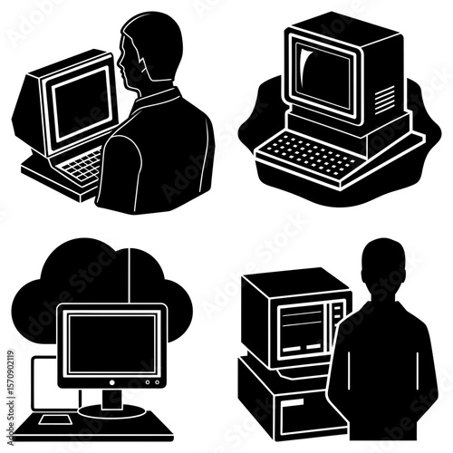 Four black and white computer illustrations showing different eras and cloud technology use cases online