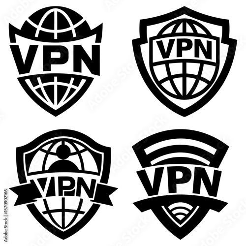 Four distinct vpn logo designs featuring shield shapes and globe elements in a black and white vector image