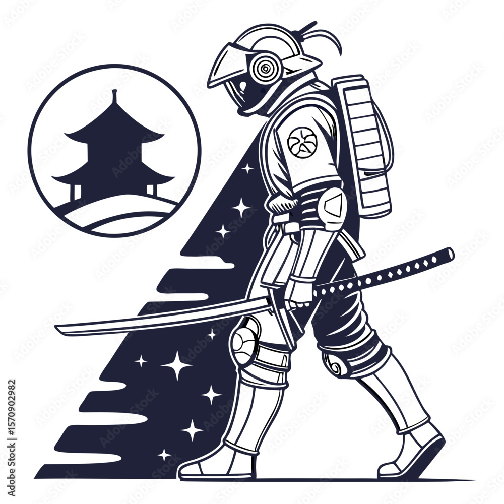 Fototapeta premium Cultural Fusion – Samurai Astronaut: Sci-Fi Meets Feudal Japan, Cybernetic Warrior in Space, Neo-Traditional Armor Design, Futuristic Bushido Art, Intergalactic Ronin Illustration