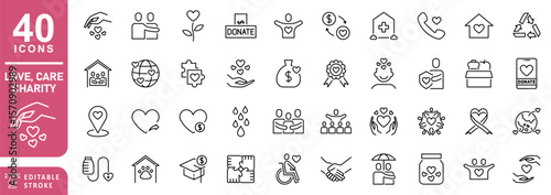 love care charity - line icon set. Editable stroke. The set contains icons: Charity, Donation, A Helping Hand, Scholarship, Volunteer, Heart Shape, Fundraising.