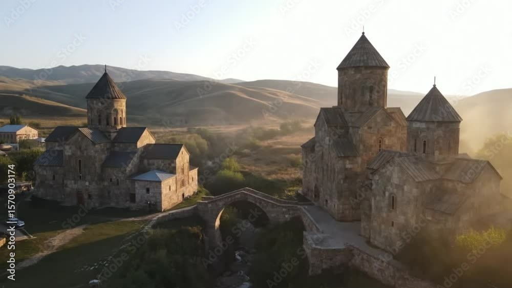 The ancient monastery shrouded in morning fog creates an atmospheric scene with mountains in the background The ancient monastery shrouded in morning fog creates an atmospheric scene with mountains in the background