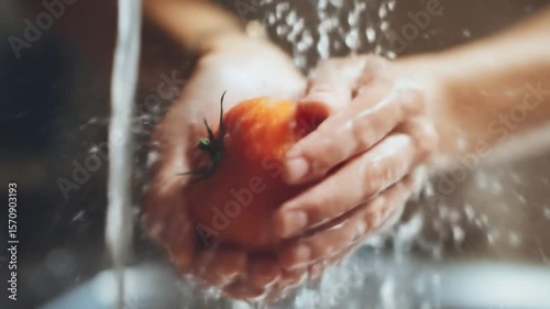 Washing Fresh Tomato Under Running Water