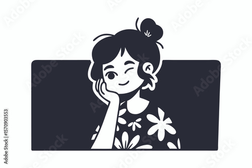 Cheerful girl with floral top leans with hand winking coyly in art